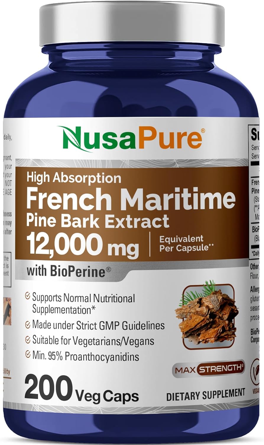 Nusapure French Maritime Pine Bark Extract 12,000 Mg Per Veggie Caps 200-Day Supply, Bioperine (Non-Gmo & Vegan)