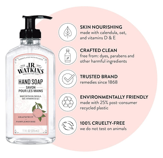 J.R. Watkins Gel Hand Soap For Bathroom Or Kitchen, Scented, Usa Made And Cruelty Free, 11 Fl Oz, Grapefruit, 3 Pack