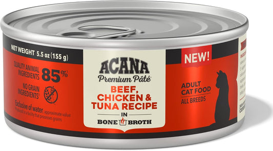 Acana Premium Pate Wet Cat Food, Beef, Chicken & Tuna Recipe In Beef Bone Broth, 5.5Oz (Case Of 12)