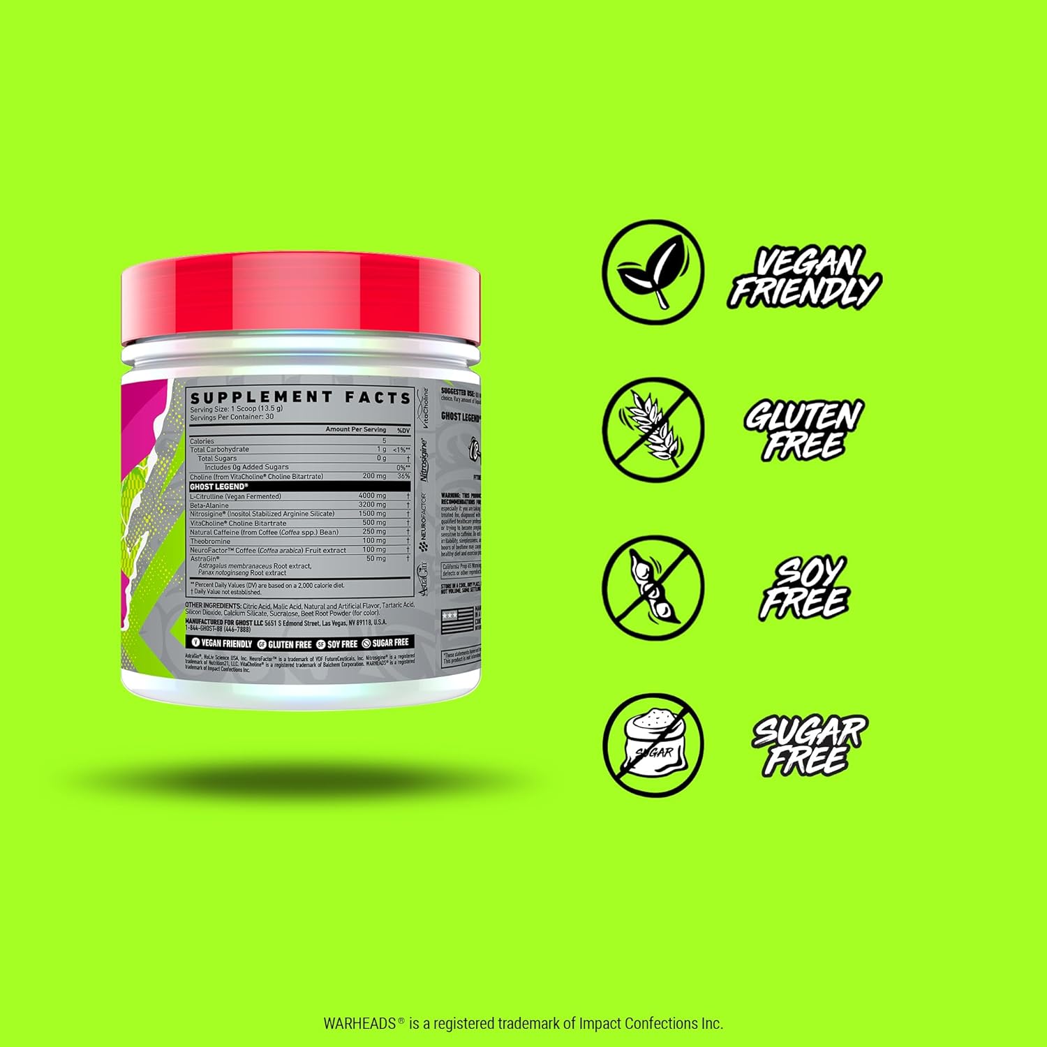 GHOST Legend V3 Pre-Workout Powder, Warheads Sour Watermelon - 30 Servings – Pre-Workout for Men & Women with Caffeine, L-Citrulline, & Beta Alanine for Energy & Focus : Health & Household