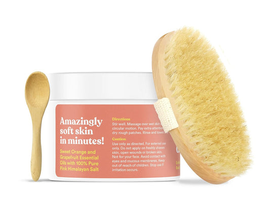 Asutra Dead Sea Salt Essential Oil Body Scrub Exfoliator And Dry Brush Bundle (Vitamin C), 16 Oz - Ultra Hydrating, Gentle, & Moisturizing - Coconut, Sweet Orange, Grapefruit, And Lemon Oils