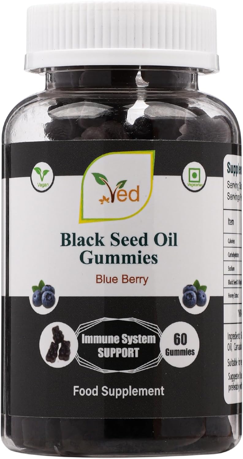 Ved Black Seed Oil Gummies With Blackcurrant Flavour, Raw Unfiltered Black Seed Oil Gummies With Mother Culture, Vegan Health Supplement For Men And Women- 60 Chews 30 Days’ Supply