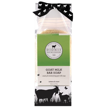 Dionis Goat Milk Verbena & Cream Ultimate Bar Soap Shower & Bath 3 Pc Travel Set - Creamy, Rich Lather, Exfoliates & Massages Hands - Triple Milled Soap Bar, Soap Saver Pad & Exfoliating Scrubber Bag