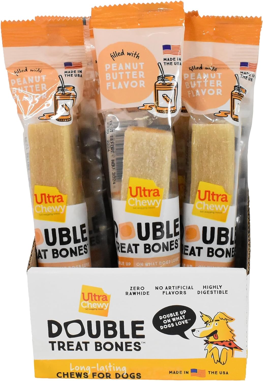 Ultra Chewy Peanut Butter Double Treat Bones: Long-Lasting Dog Treats Made In Usa For Large And Small Breeds, Highly Digestible, Ideal For Aggressive Chewers (24 Count)