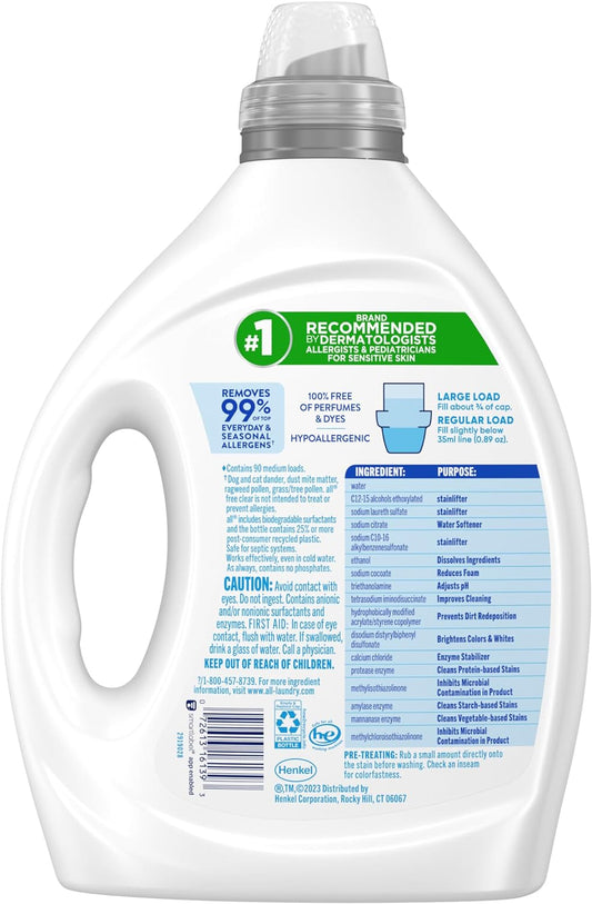 All Liquid Laundry Detergent, Free Clear For Sensitive Skin With Oxi, Unscented And Hypoallergenic, 2X Concentrated, 90 Loads