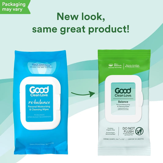 Good Clean Love Balance Ph-Balanced Feminine Wipes, Supports Vaginal Health Naturally & Reduces Odor, Non-Irritating Moisturizing & Cleansing Hygiene Product Made With Aloe, Biodegradable (30 Count)