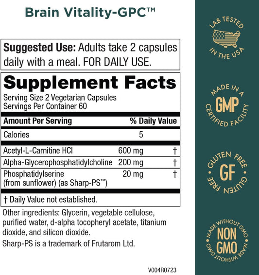 Purity Products Brain Vitality-GPC Super Formula Acetyl L-Carnitine HCI + Alpha GPC + Phosphatidlyserine - Supports Normal Concentration and Mental Clarity - 120 Caps