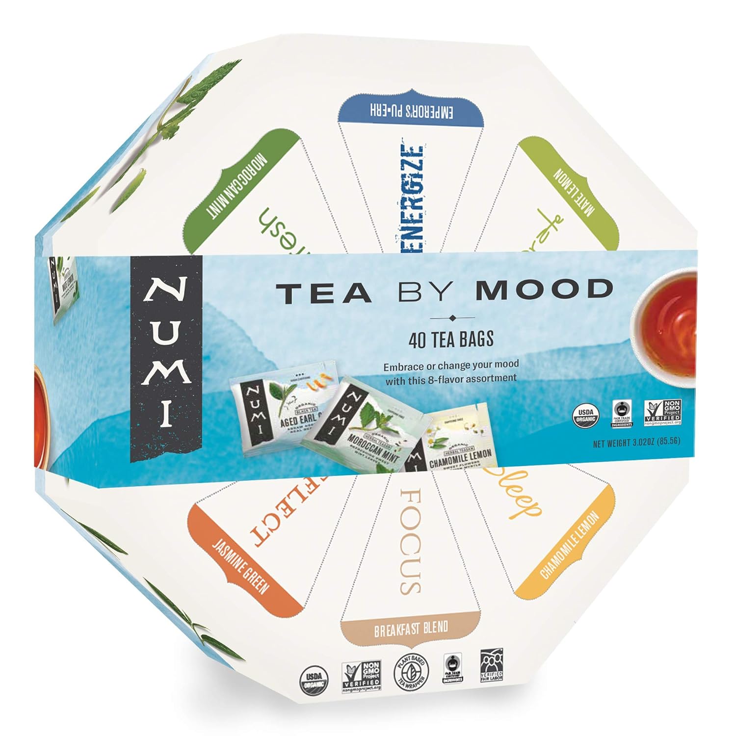 Numi Organic Tea By Mood Gift Set, 40 Tea Bag Assortment, Premium Organic Black, Pu-Erh, Green, Maté, Rooibos & Herbal Teas