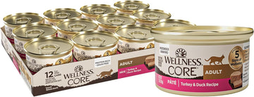 Wellness Core Grain-Free Wet Cat Food, Natural Canned Food For Cats, Made With Real Meat (Turkey & Duck Pate, 3 Oz Cans, Pack Of 12)