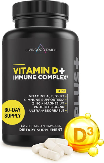 Livingood Daily Vitamin D3 K2 4000 IU Supplement, 9-in-1 Dietary Supplement for Immune Support - Made with Vitamins D, A, E, K2, Zinc, Magnesium & Probiotic Blend for Maximum Absorption - 60 Capsules