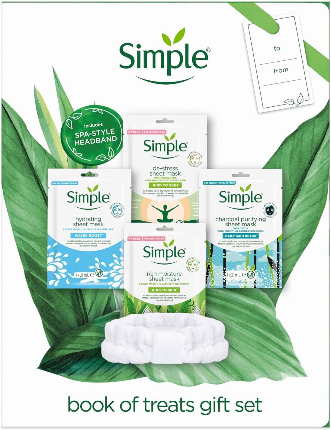 Simple Book Of Treats Four Sheet Masks For Every Skin Condition With A Stretch Head Band Gift Set Festive Gifts For Women 4 Piece