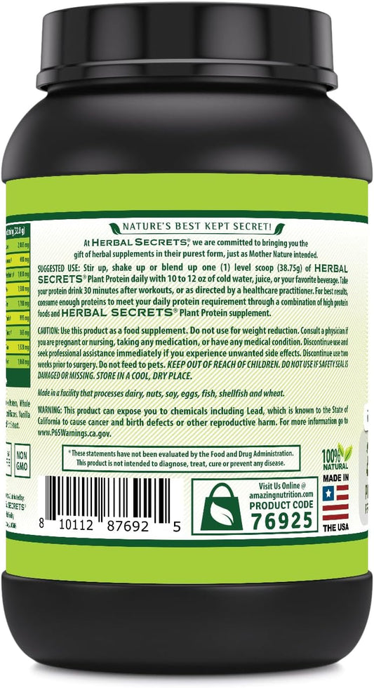 Herbal Secrets Plant Protein 2 Lb Powder | 28 Grams Protein Per Serving | 6.1 Grams Bcaa | Vegan Supplement | 23 Servings | Made In Usa (2 Lb, Vanilla)