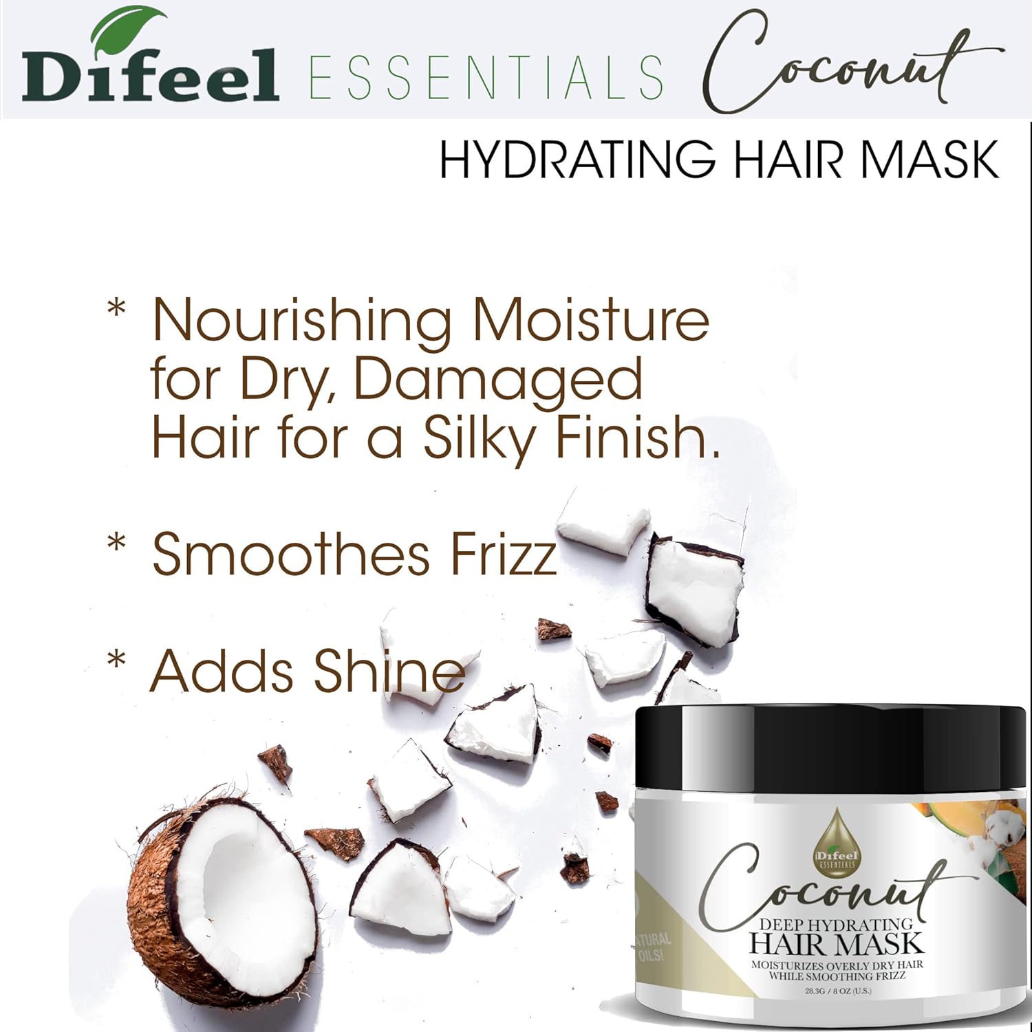 Difeel Essentials Hydrating Coconut Hair Mask 8 oz. - Deeply Moisturizes Dry Hair, Reduces Frizz, Made with 100% Natural Essential Oils : Beauty & Personal Care