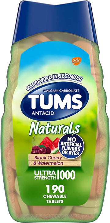 TUMS Naturals Ultra Strength Antacid Chews for Heartburn Relief, Black Cherry & Watermelon - 190 Count