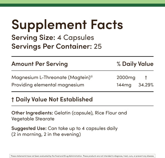 Magnesium L Threonate Capsules (Magtein) – High Absorption Supplement – Bioavailable Form For Sleep And Cognitive Function Support – 2,000 Mg – 100 Capsules