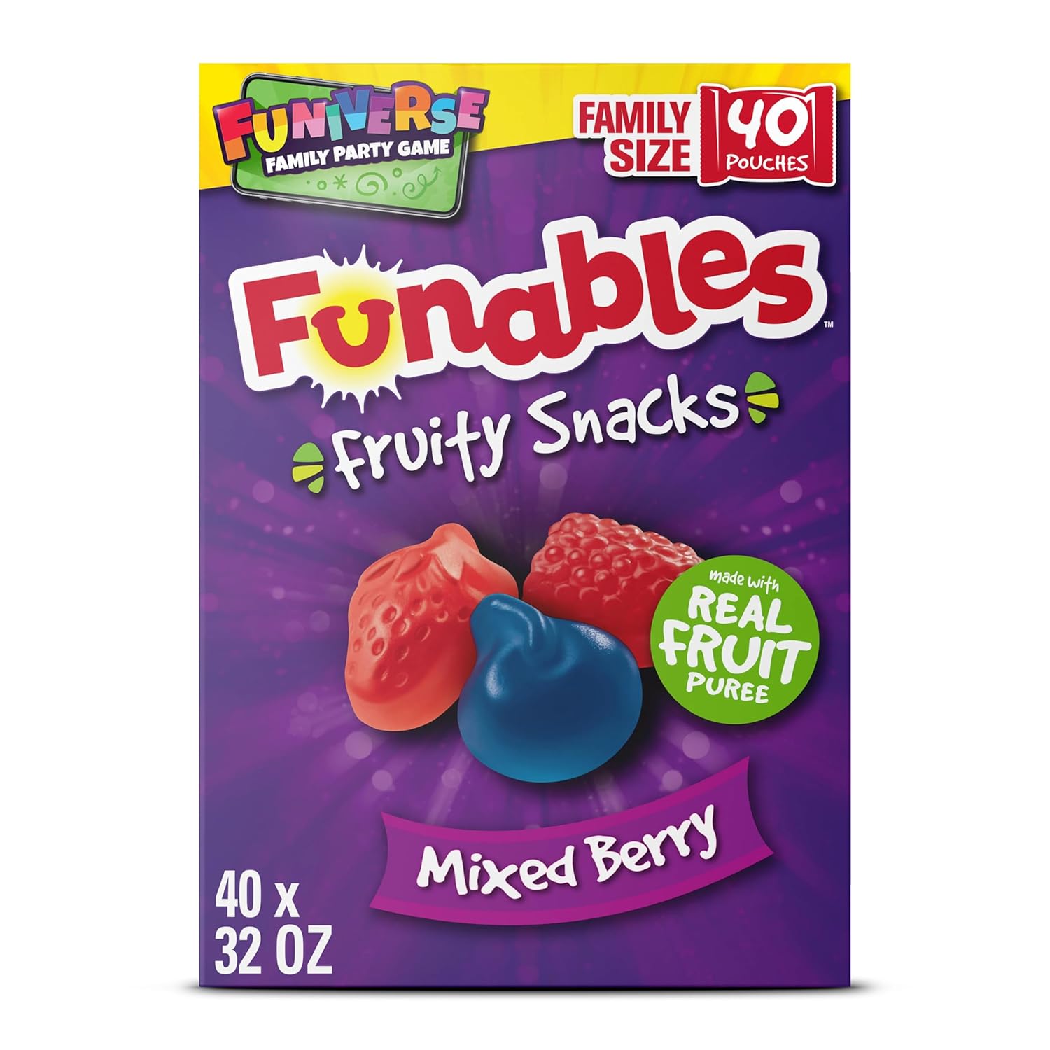 Funables Fruity Snacks, Mixed Berry, Flavored Snacks, Back To School Snack For Lunch, 32 Oz 40 Ct