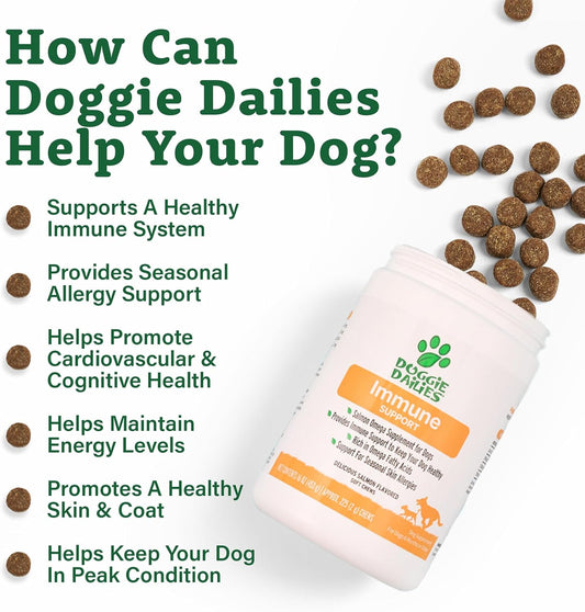 Doggie Dailies Omega 3 For Dogs, 225 Soft Chews, Salmon Oil For Dogs With Apple Cider Vinegar, Bee Pollen, Kelp, Zinc & Biotin - For Healthy Skin & Coat, Immune System & Seasonal Allergy Support