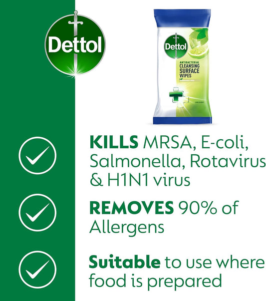 Dettol Antibacterial Surface Cleaning Disinfectant Wipes, Lime And Mint, Multipack Of 5 X 72, Total 360 Wipes