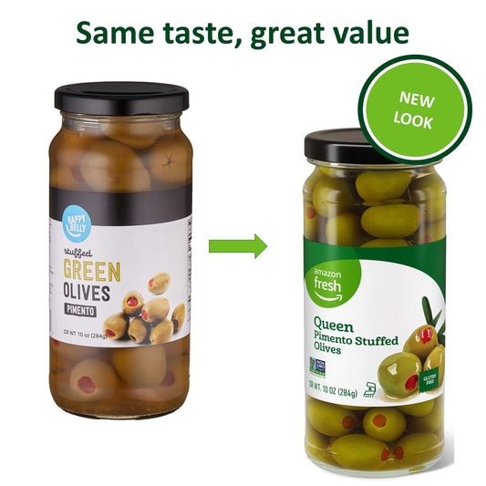 Amazon Fresh, Queen Pimento Stuffed Olives, 10 Oz (Previously Happy Belly, Packaging May Vary)