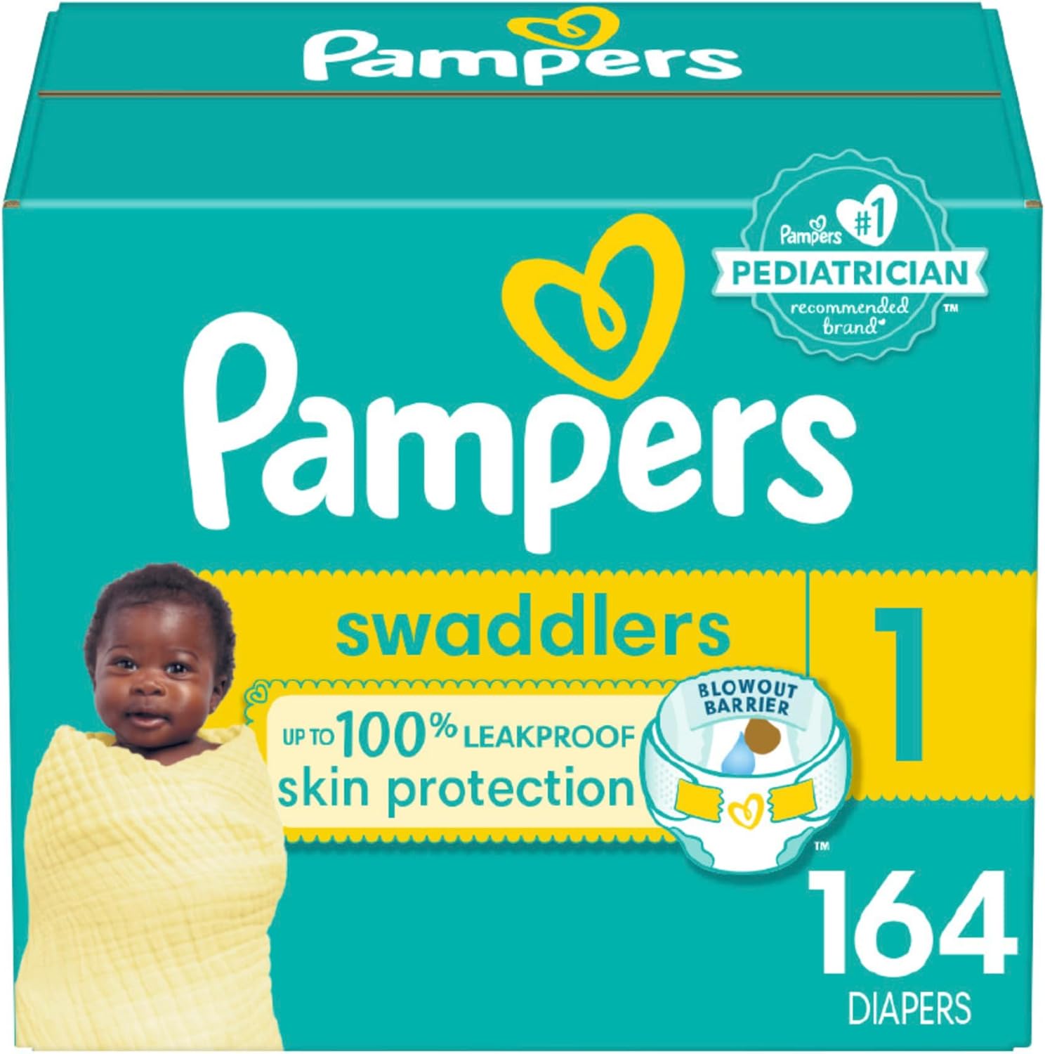 Pampers Swaddlers Diapers - Size 1, 164 Count, Ultra Soft Disposable Baby Diapers