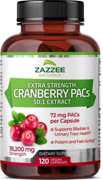 Zazzee Extra Strength Cranberry Pacs, 72 Mg Pacs Per Capsule, 100% Soluble, 120 Vegan Capsules, 50:1 Extract, 18,200 Mg Strength, Effective Urinary Tract Uti Support For Women, Proanthocyanidins