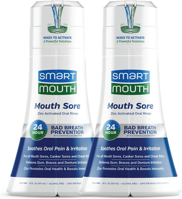 Smartmouth Mouth Sore Activated Mouthwash - Aid Against Canker Sores & Irritation - Breath Freshener - 16 Fl Oz, 2 Pack, Cool Mint