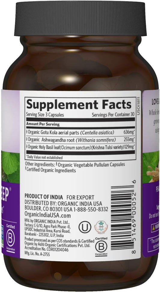 Organic India Peaceful Sleep Herbal Supplement - Supports Sleep Cycles, Vegan, Gluten-Free, USDA Certified Organic, Non-GMO, Supports Energy & Relaxation - 90 Capsules