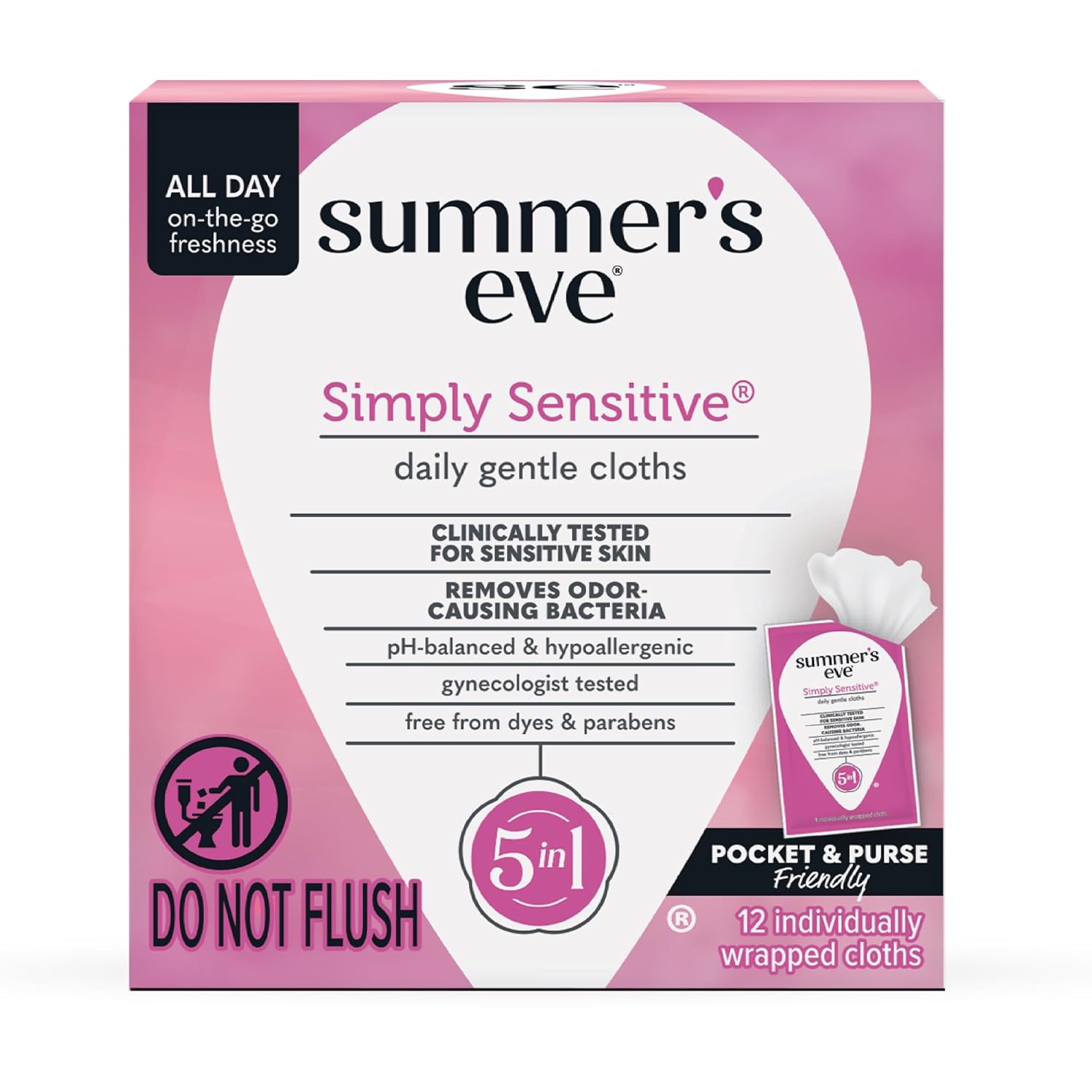 Summer'S Eve Simply Sensitive Daily Refreshing Feminine Wipes, Removes Odor, Ph Balanced, 12 Count, 1 Pack