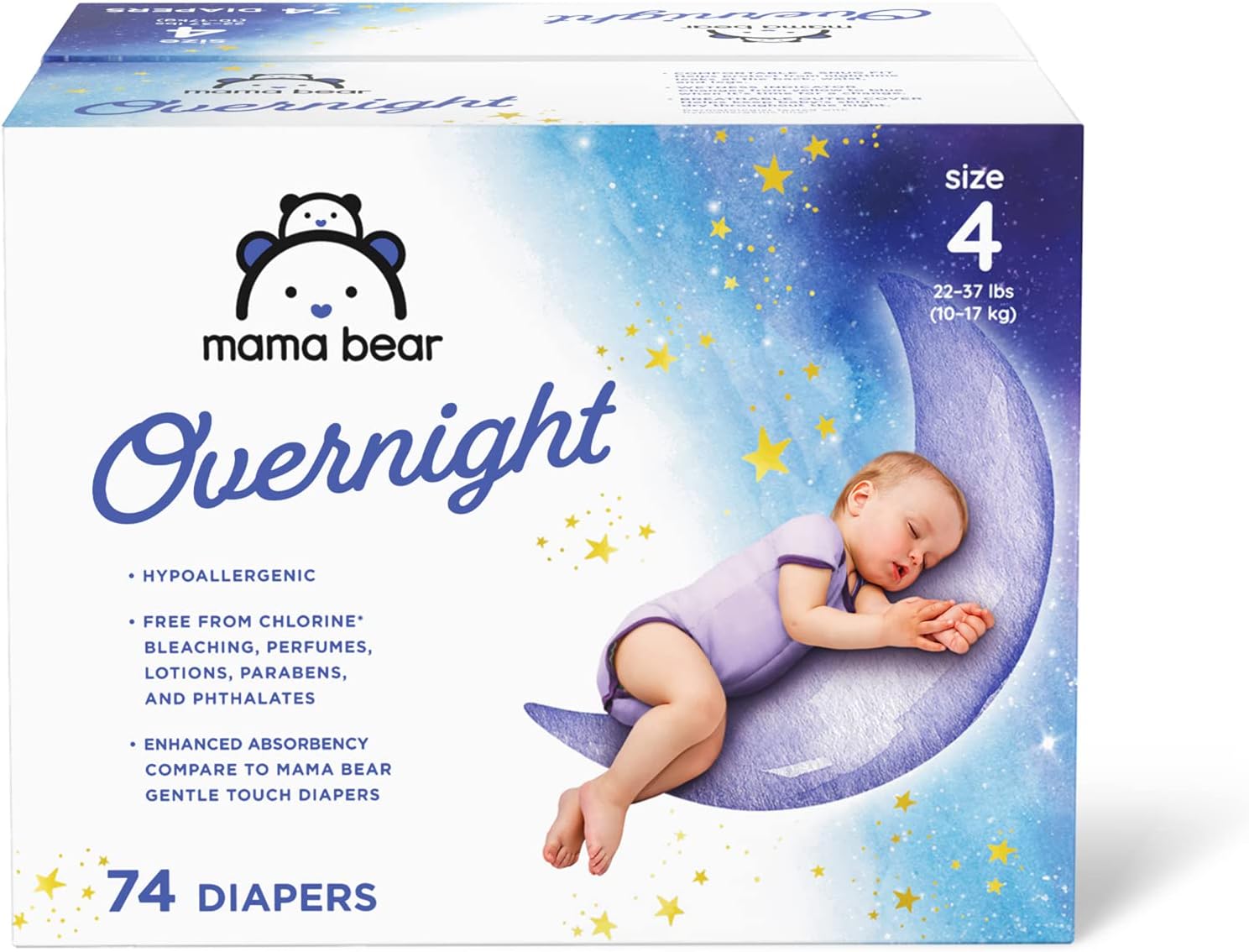 Mama Bear Overnight Diapers, Hypoallergenic, Size 4 (74 Count), White