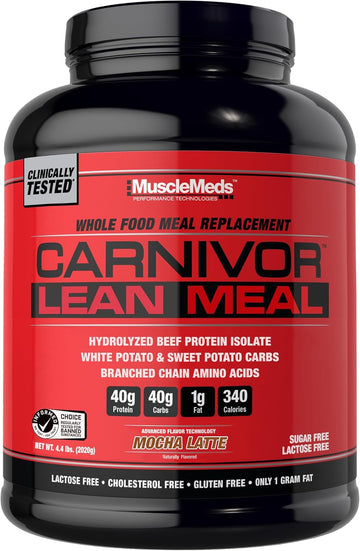 Musclemeds Carnivor Lean Meal Whole Food Meal Replacement Shake, Mre, Beef Protein Isolate, White Potato, Sweet Potato, 40G Protein, 40 G Carbs, Lactose Free, Sugar Free, Chocolate Fudge 20 Servings
