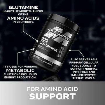 Muscletech 100% L-Glutamine Powder For Enhanced Muscle Recovery - Pure L Glutamine Muscle Growth Builder & Energy Boosting Nutritional Supplement For Men & Women - Unflavored, 60 Servings