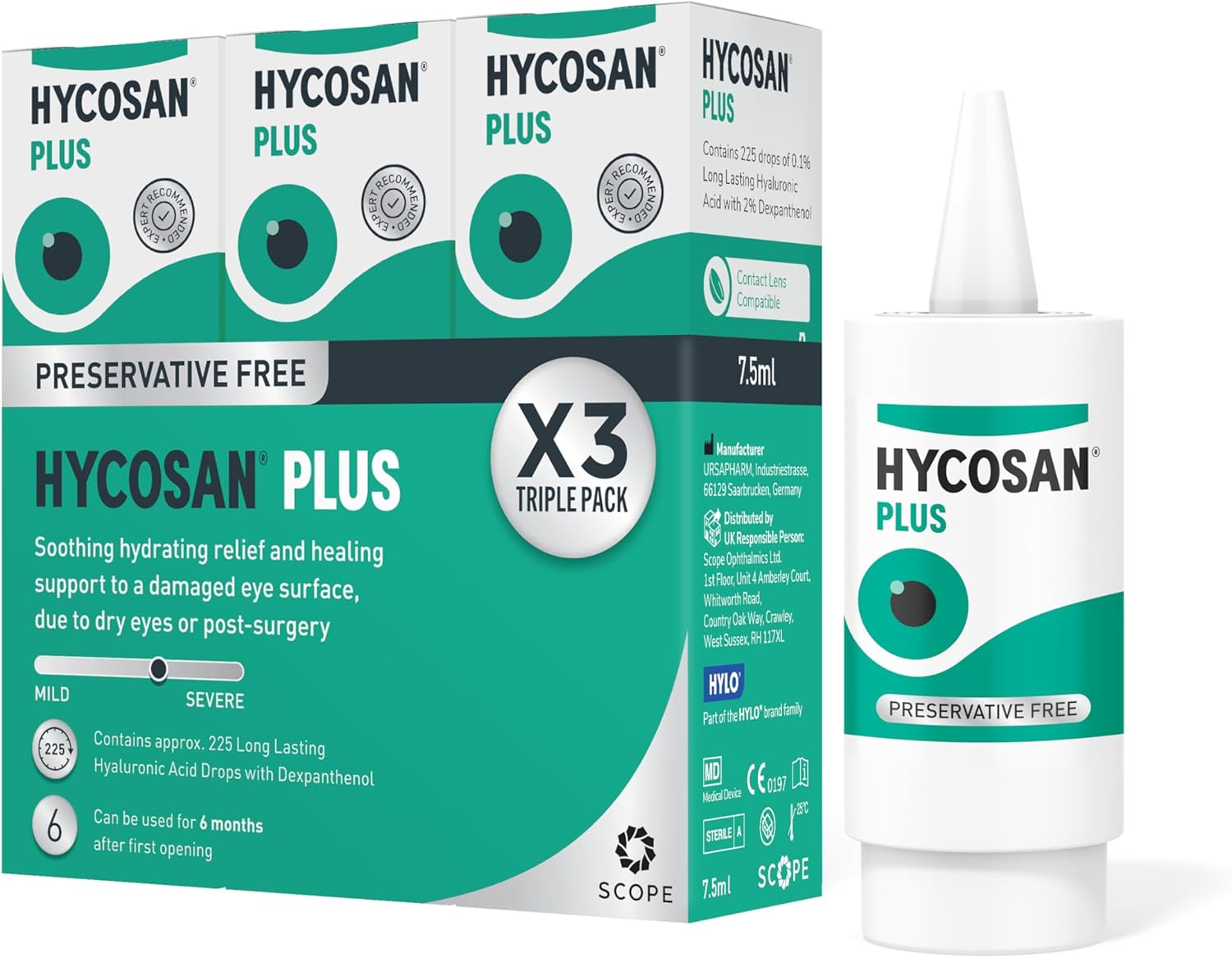 Hycosan Plus - Triple Pack - Dry Eye Drops With Hyaluronic Acid And Dexpanthenol For Relief And Healing Support For Eyes Recovering From Injury Or Surgery - Preservative Free – 3 X 225 Measured Doses