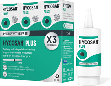 Hycosan Plus - Triple Pack - Dry Eye Drops With Hyaluronic Acid And Dexpanthenol For Relief And Healing Support For Eyes Recovering From Injury Or Surgery - Preservative Free – 3 X 225 Measured Doses