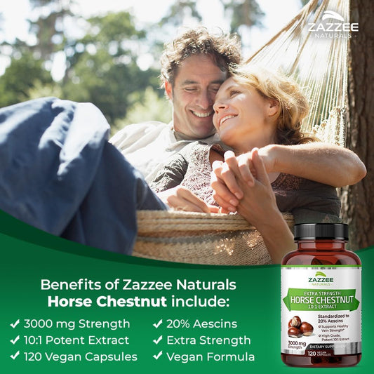 Zazzee Extra Strength Horse Chestnut 10:1 Extract, 3000 Mg Strength, 20% Aescins, 4 Month Supply, 120 Vegan Capsules, Concentrated And Standardized 10X Extract, All-Natural, Non-Gmo, Made In The Usa