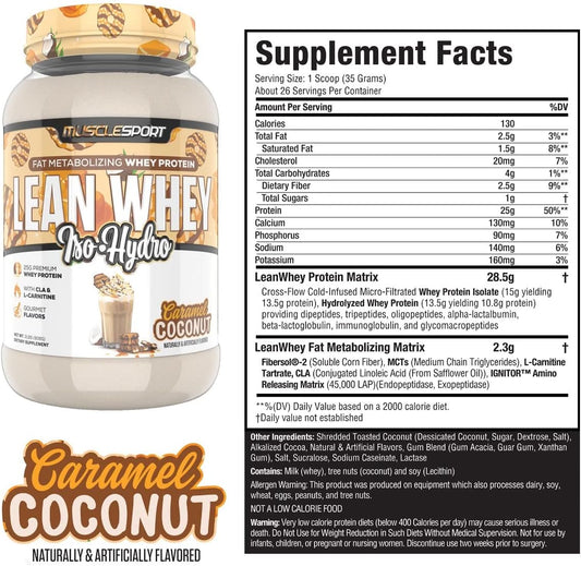 Musclesport Lean Whey Revolution™ Protein Powder - Whey Protein Isolate - Low Calorie, Low Carb, Low Fat, Incredible Flavors - 25G Protein Per Scoop (2Lb, Coconut Caramel)