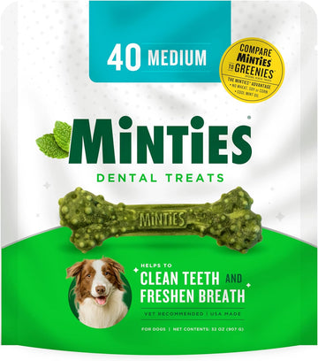 Minties Dental Chews for Dogs, 40 Count, Vet-Recommended Mint-Flavored Dental Treats for Medium Dogs 25-50 lbs, Dental Bones Clean Teeth, Fight Bad Breath, and Removes Plaque and Tartar