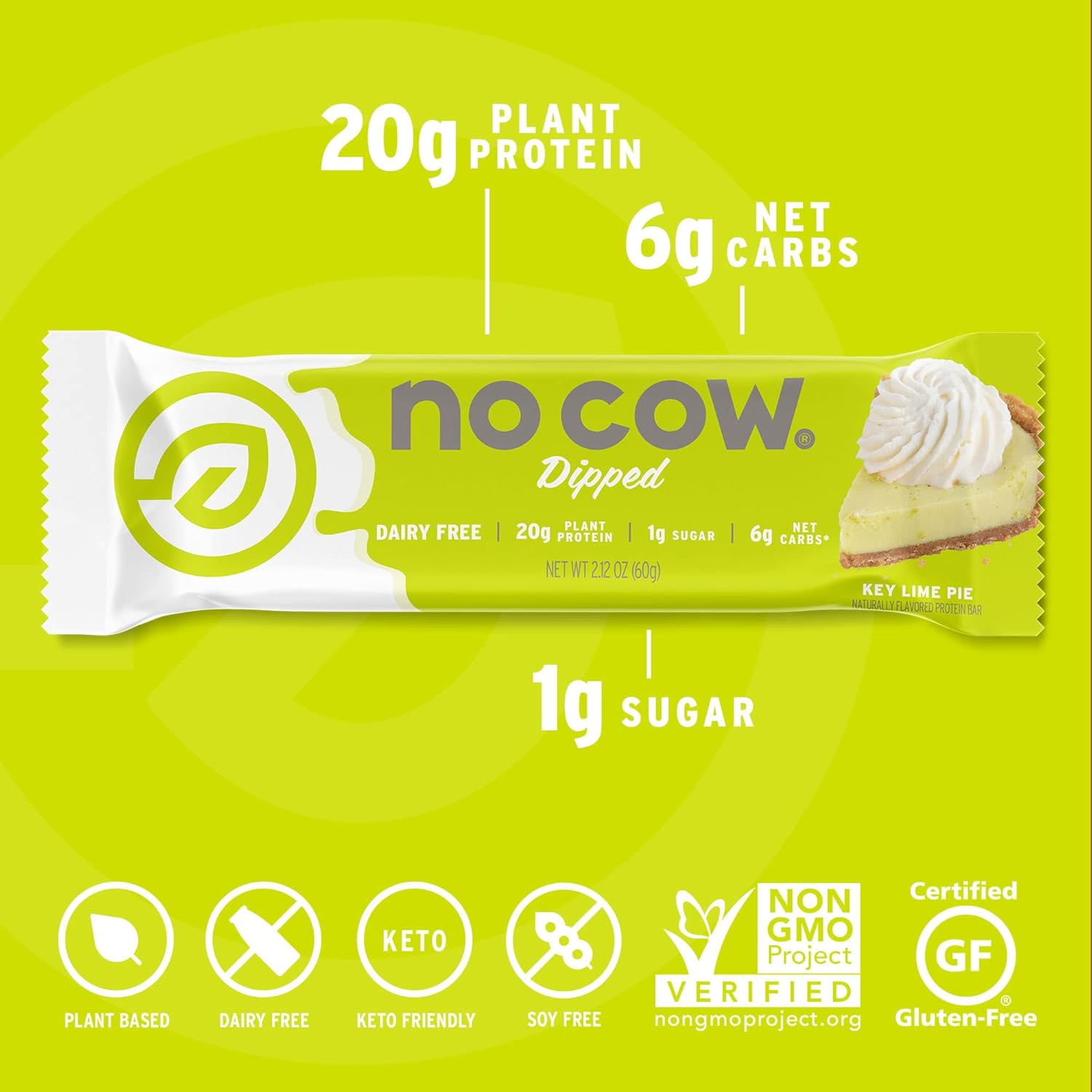 No Cow High Protein Bars, Dipped Key Lime Pie - Healthy Snacks, 20g Vegan Protein, High Fiber, Low Sugar, Keto Friendly, Dairy & Gluten Free (12 Count) : Health & Household