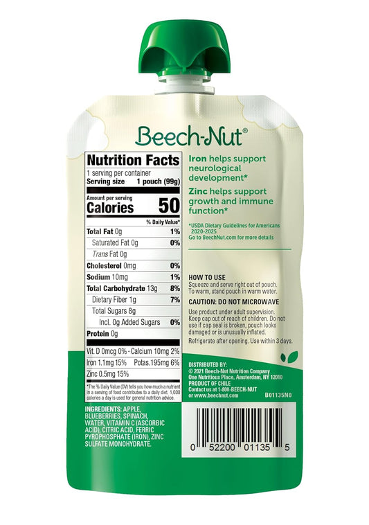 Beech-Nut Baby & Toddler Food Pouches With Iron & Zinc, Apple Blueberry & Spinach Puree, 3.5 Oz (12 Pack)