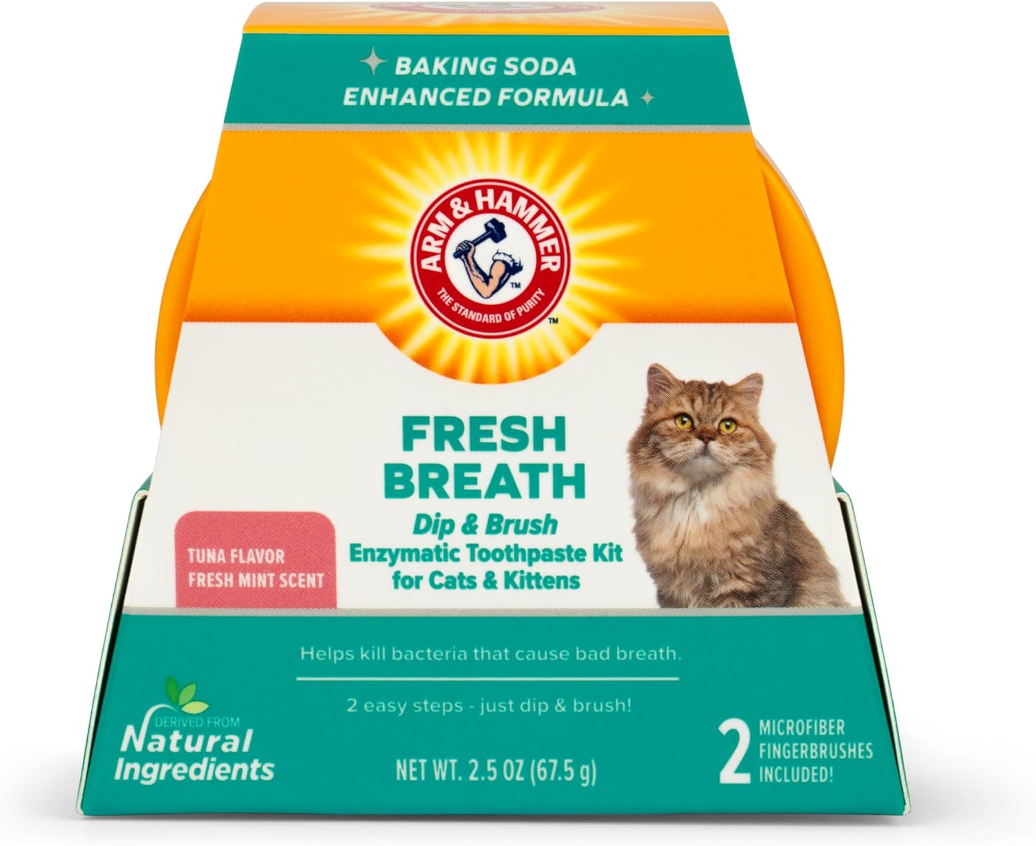Arm & Hammer Dip & Brush Fresh Breath Enzymatic Toothpaste Kit for Cats and Kittens with 2 Microfiber Finger Bushes, 2.5 Ounces, Tuna Flavor | Cat Dental Care Kit