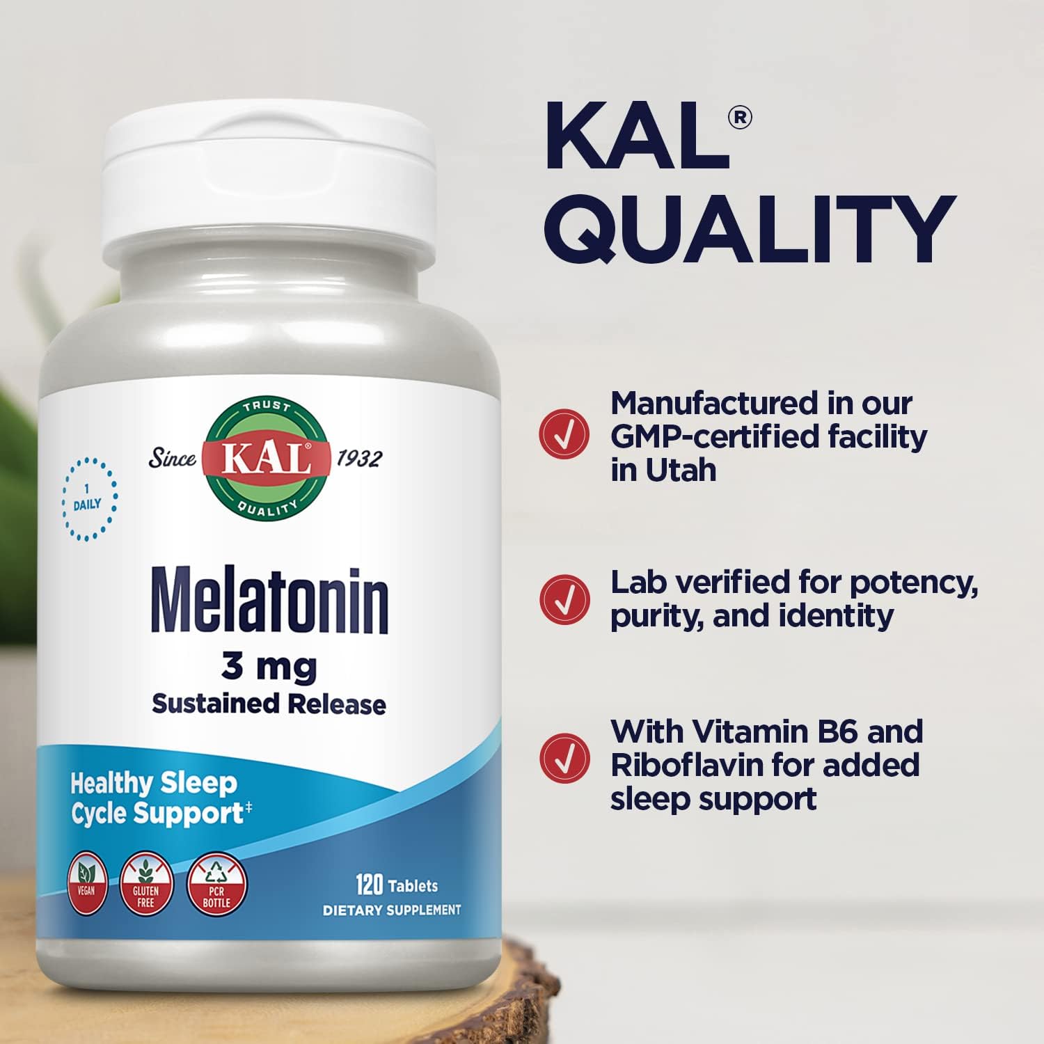 KAL Melatonin 3mg Sustained Release Sleep Aid, Melatonin Supplement Supports Healthy Relaxation, a Calm Feeling and a Proper Sleep Cycle, w/Added Vitamin B6, Vegan, Gluten Free, 120 Serv, 120 Tablets : Health & Household