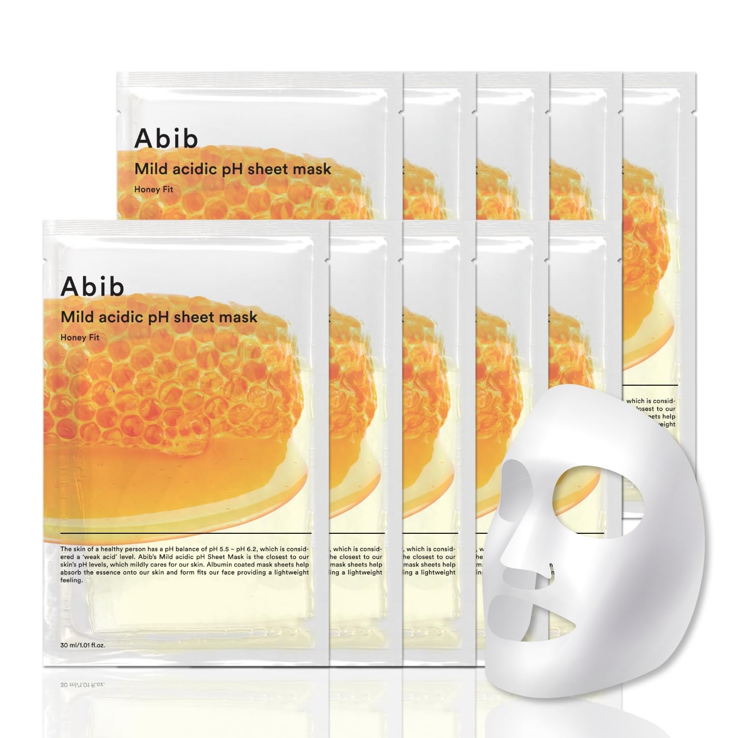 Abib Mild Acidic pH Sheet Mask Honey Fit 10 Sheets I Vitalizing Facial Mask, Propolis Glow