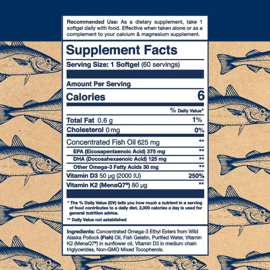 Wiley's Finest Wild Alaskan Fish Oil Vitamin K2 Softgels - 500mg of EP