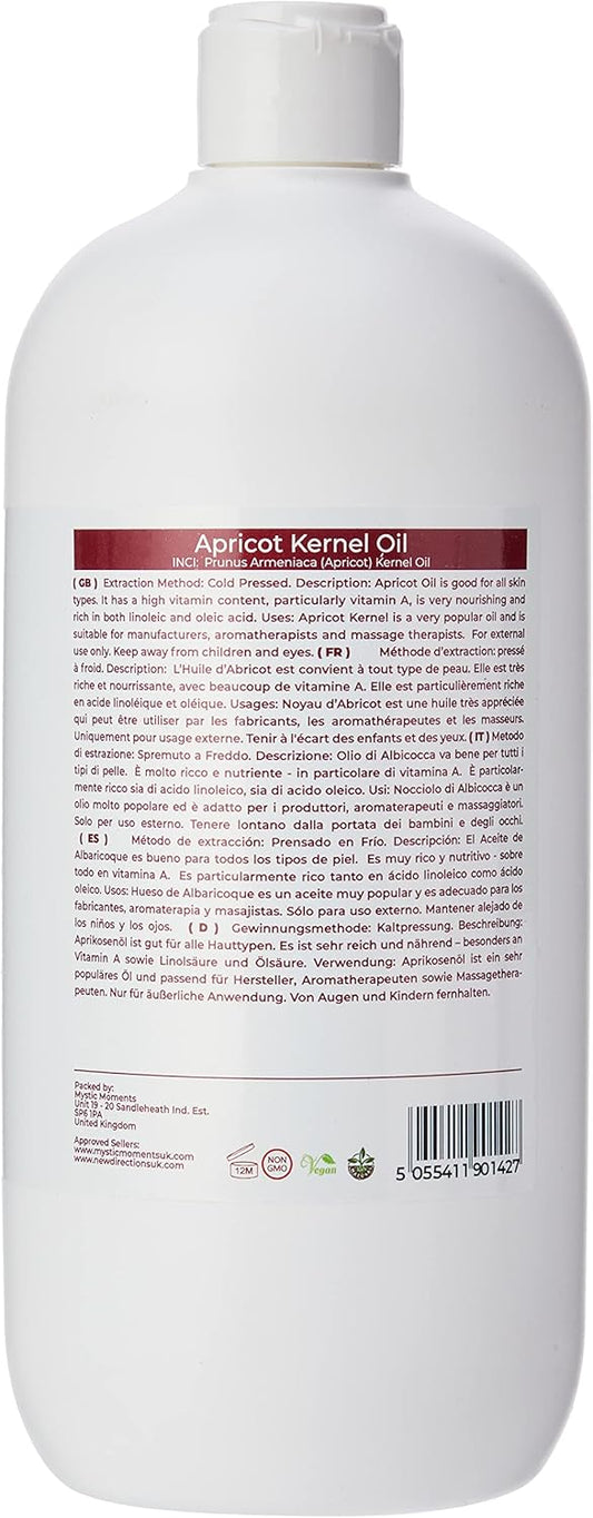 Mystic Moments | Apricot Kernel Carrier Oil 1 litre - Pure & Natural Oil Perfect for Hair, Face, Nails, Aromatherapy, Massage and Oil Dilution Vegan GMO Free