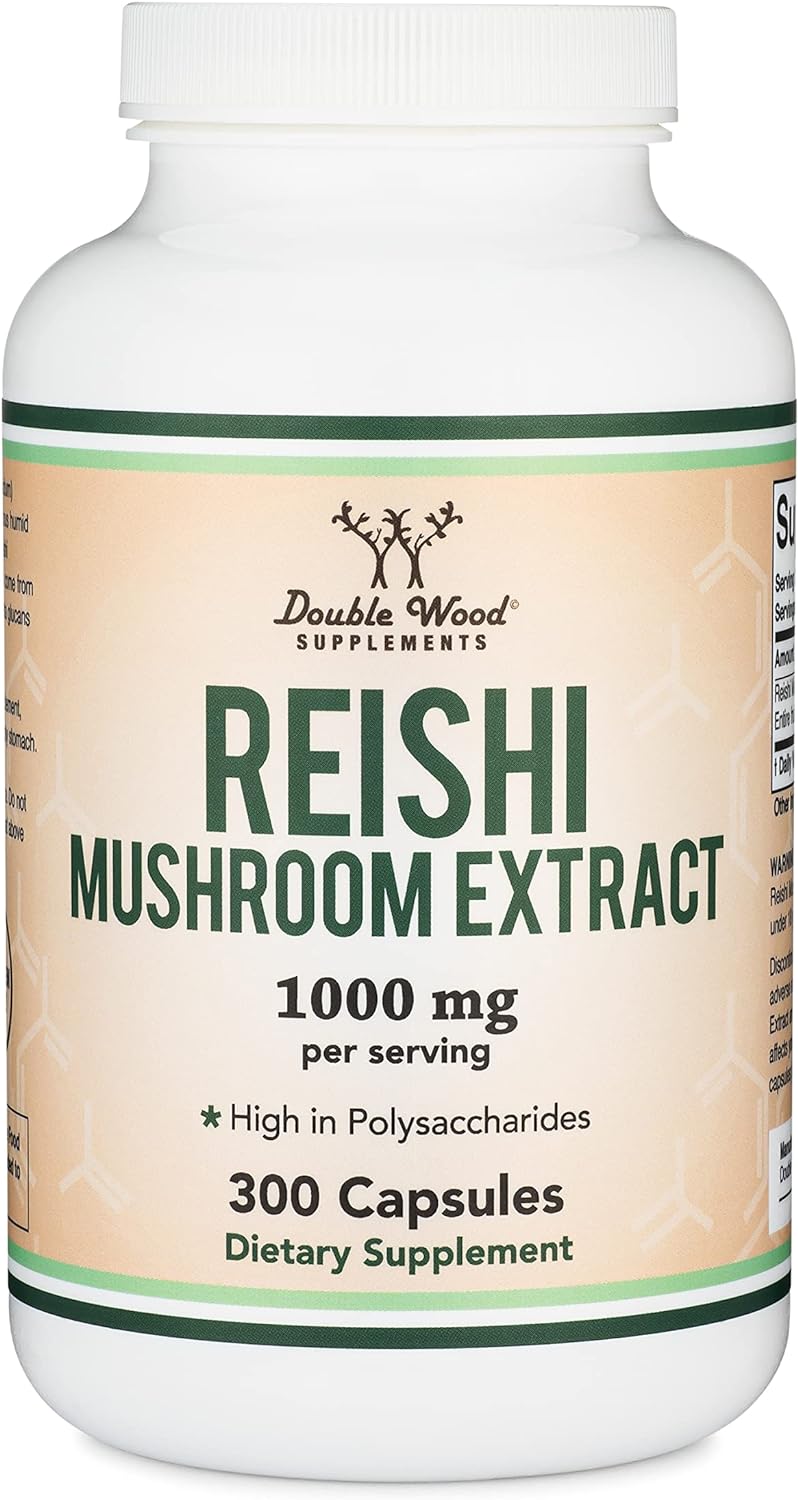 Reishi Mushroom Capsules (4:1 Ganoderma Extract, 1,000mg Red Reishi Powder Servings) 300 Count, 5 Month Supply, Potent Mushroom Supplement for Immune System Support and Defense by Double Wood : Health & Household