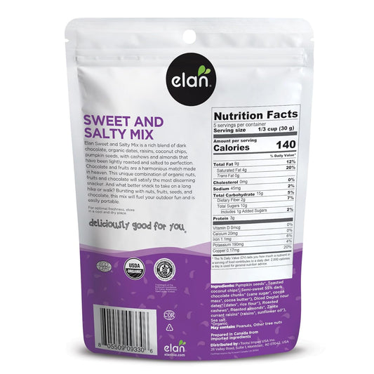 Elan Organic Sweet & Salty Mix, 5.3 Oz, Non-Gmo, Gluten-Free, Vegan, Kosher, Vegan Dark Chocolate, Dried Fruits (Raisins, Dates), Nuts (Roasted Cashews, Roasted Almonds) & Pumpkin Seeds