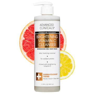 Advanced Clinicals Gentle Vitamin C Face Wash For Women & Men | Citrus Scented Gel Facial Cleanser Soap | Aloe Vera + Ferulic Acid Hydrating Foaming Wash For Cleansing Dirt & Oil, 11.75 Fl Oz, 2Pc