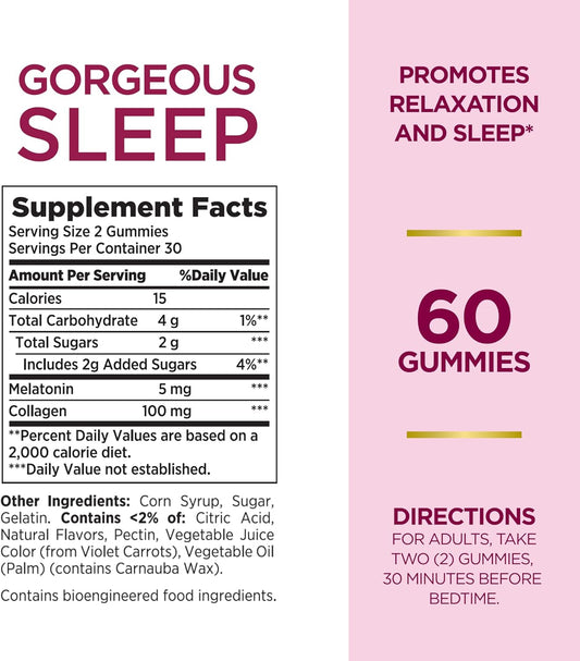 Nature'S Bounty Optimal Solutions Gorgeous Sleep Melatonin 5Mg Gummies With Collagen, Assorted Fruit Flavors, 60 Count