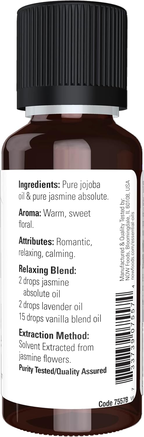 Now Essential Oils, Jasmine Absolute Oil Blend, 7.5% Blend Of Pure Jasmine Absolute Oil In Pure Jojoba Oil, Romantic Aromatherapy Scent, Vegan, Child Resistant Cap, 1-Ounce