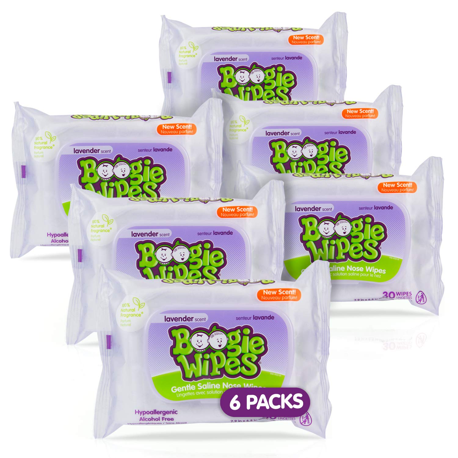 Baby Wipes By Boogie Wipes, Wet Wipes For Face, Hand, Body & Nose, Fsa/Hsa Eligible, Made With Vitamin E, Aloe, Chamomile And Natural Saline, Natural Lavender Scent, 30 Count, Pack Of 6