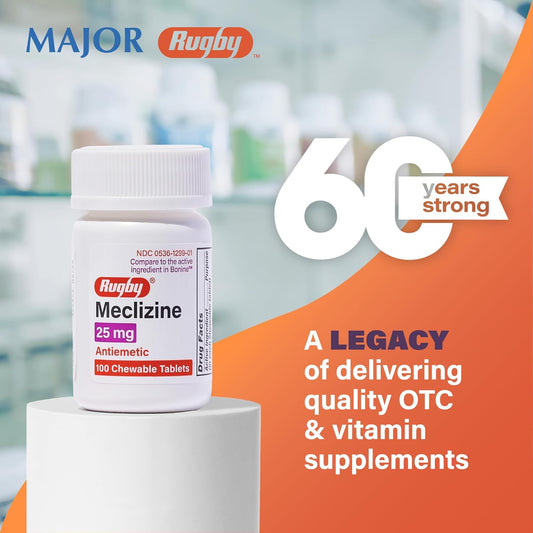 Rugby Meclizine Chewable Tablets 25Mg - Anti-Nausea Medicine Helps With Motion Sickness - 100 Count
